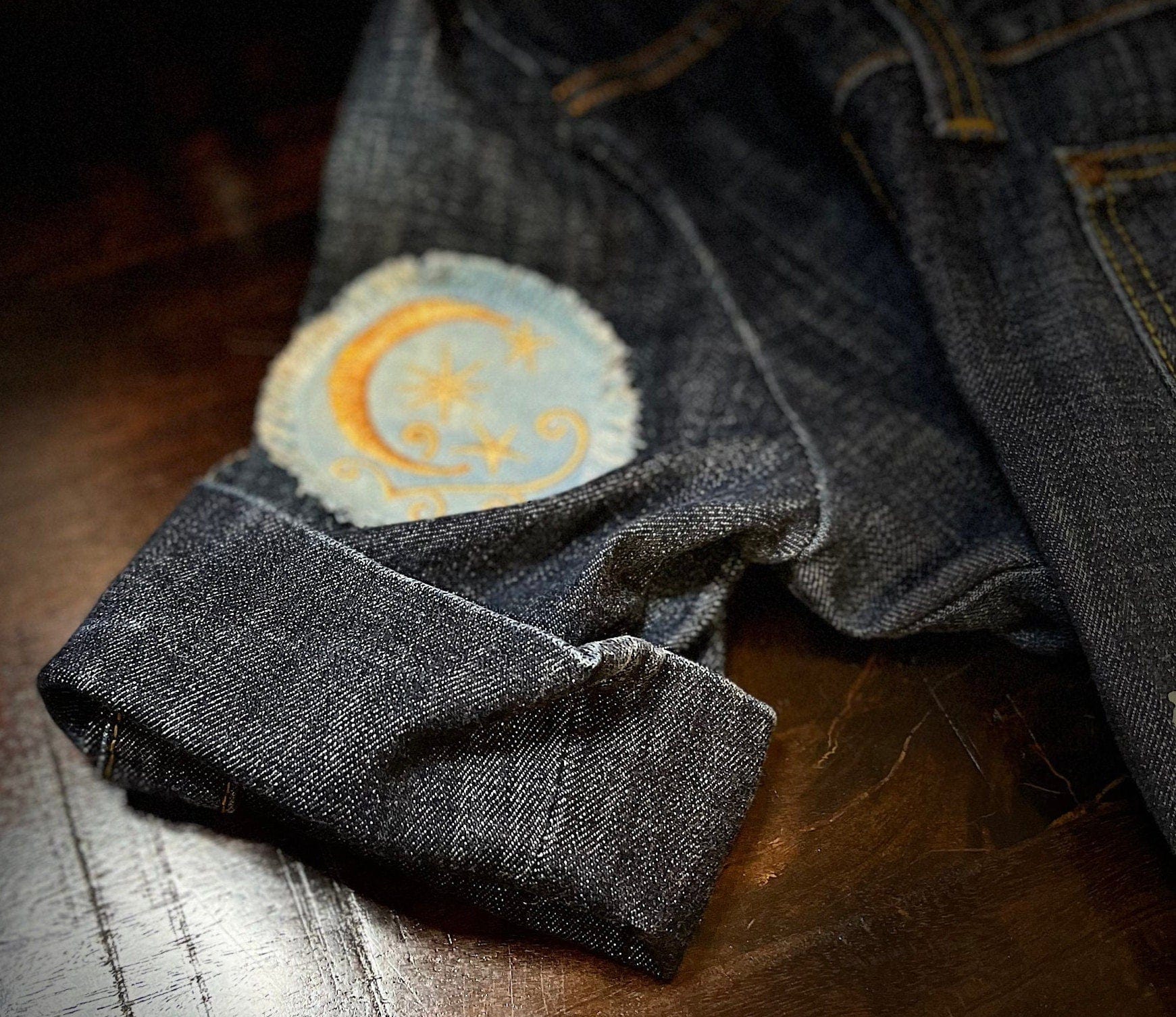 Sun & Moon Stars SOULE PATCH art Indigo Denim Celestial 3 inch Round IRON On Jean Patches embroidered Golden Sol decal patchwork frayed Appliques & Patches