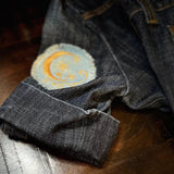 Sun & Moon Stars SOULE PATCH art Indigo Denim Celestial 3 inch Round IRON On Jean Patches embroidered Golden Sol decal patchwork frayed Appliques & Patches