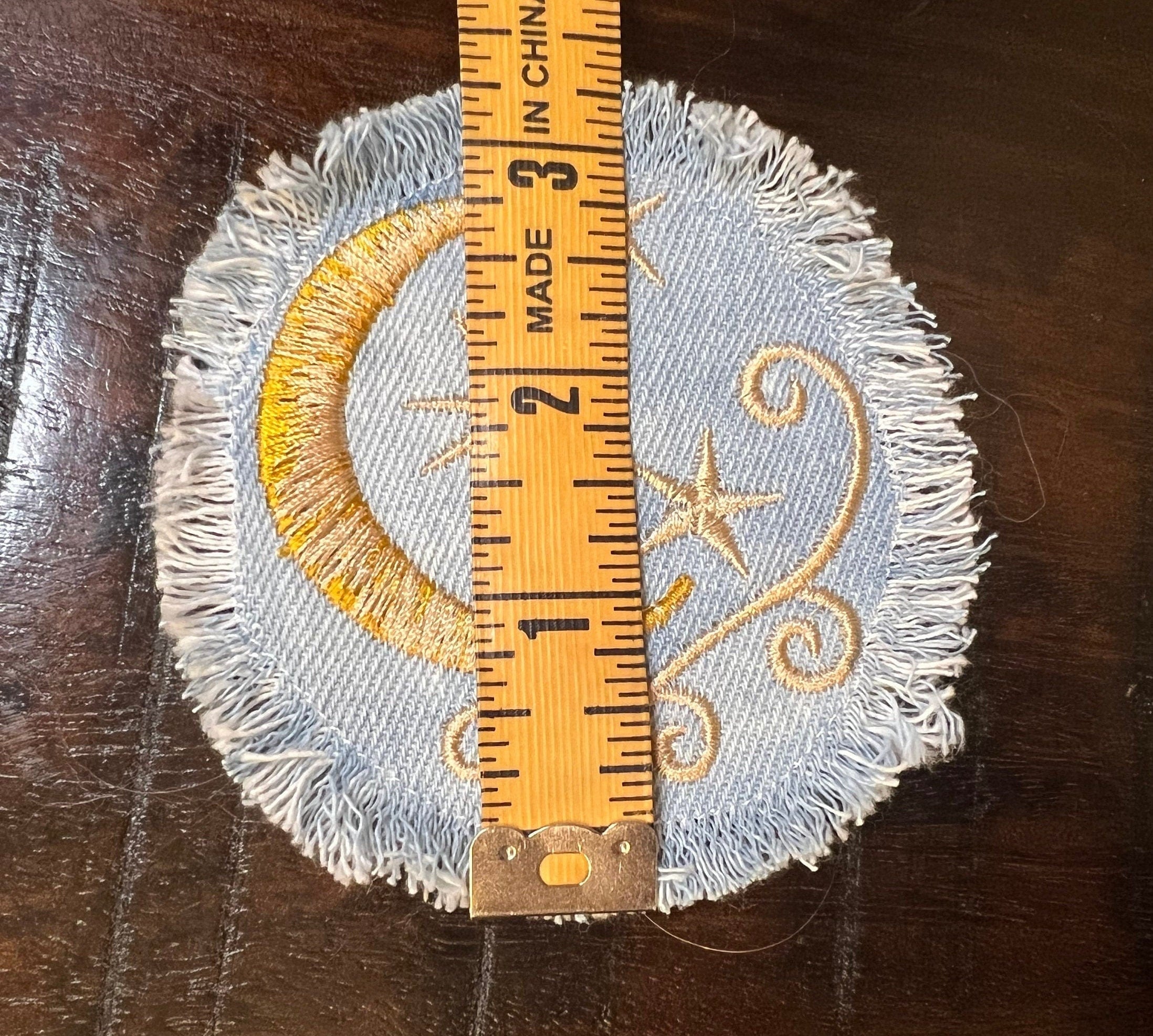 Sun & Moon Stars SOULE PATCH art Indigo Denim Celestial 3 inch Round IRON On Jean Patches embroidered Golden Sol decal patchwork frayed Appliques & Patches