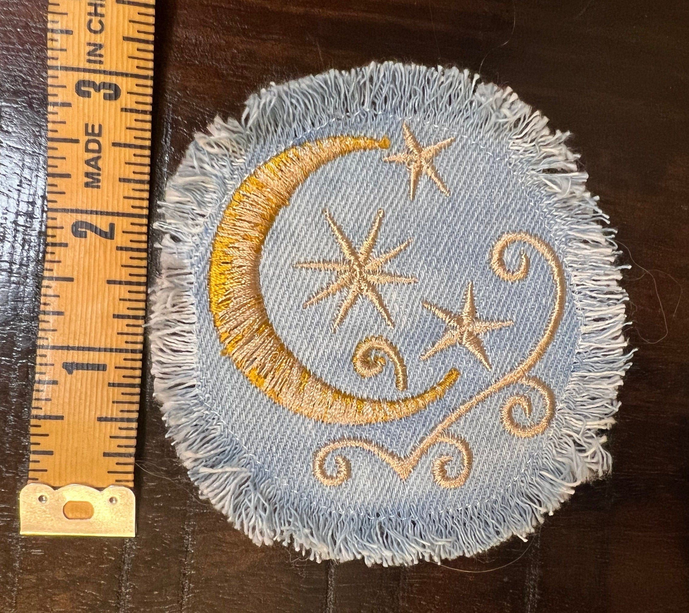 Sun & Moon Stars SOULE PATCH art Indigo Denim Celestial 3 inch Round IRON On Jean Patches embroidered Golden Sol decal patchwork frayed Appliques & Patches