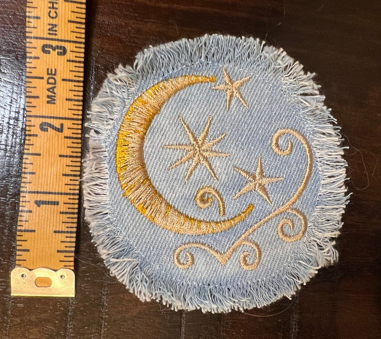 Sun & Moon Stars SOULE PATCH art Indigo Denim Celestial 3 inch Round IRON On Jean Patches embroidered Golden Sol decal patchwork frayed Appliques & Patches