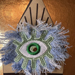 Super Fuzz Shredded Denim GOOD KARMA Green EYE Patch Handmade Embroidery Protective Talisman Decal Bridal Party Bachelorette office gift Brooches & Lapel Pins