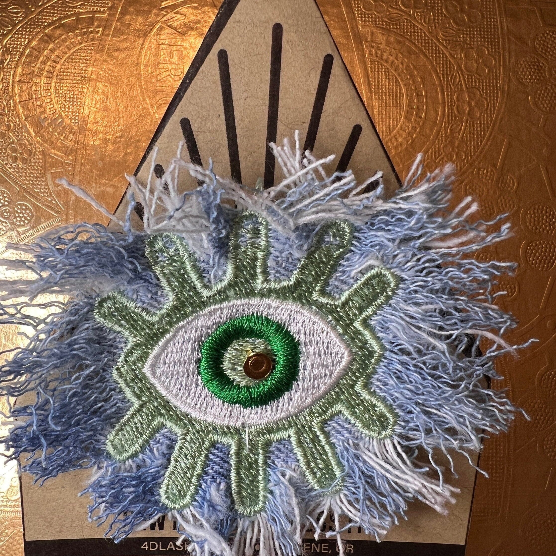 Super Fuzz Shredded Denim GOOD KARMA Green EYE Patch Handmade Embroidery Protective Talisman Decal Bridal Party Bachelorette office gift Brooches & Lapel Pins