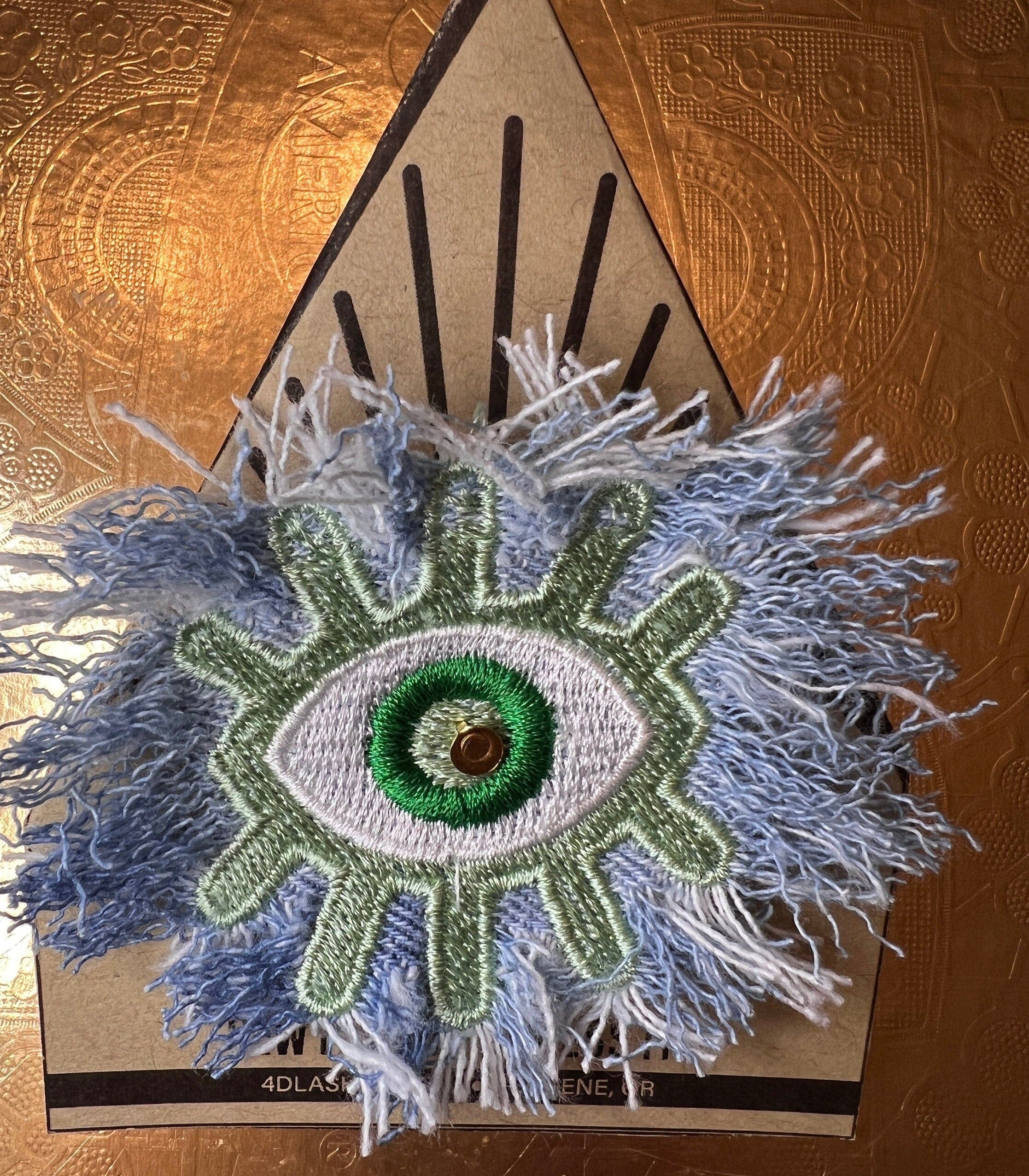 Super Fuzz Shredded Denim GOOD KARMA Green EYE Patch Handmade Embroidery Protective Talisman Decal Bridal Party Bachelorette office gift Brooches & Lapel Pins