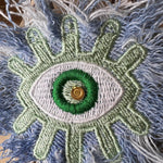 Super Fuzz Shredded Denim GOOD KARMA Green EYE Patch Handmade Embroidery Protective Talisman Decal Bridal Party Bachelorette office gift Brooches & Lapel Pins