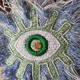 Super Fuzz Shredded Denim GOOD KARMA Green EYE Patch Handmade Embroidery Protective Talisman Decal Bridal Party Bachelorette office gift Brooches & Lapel Pins