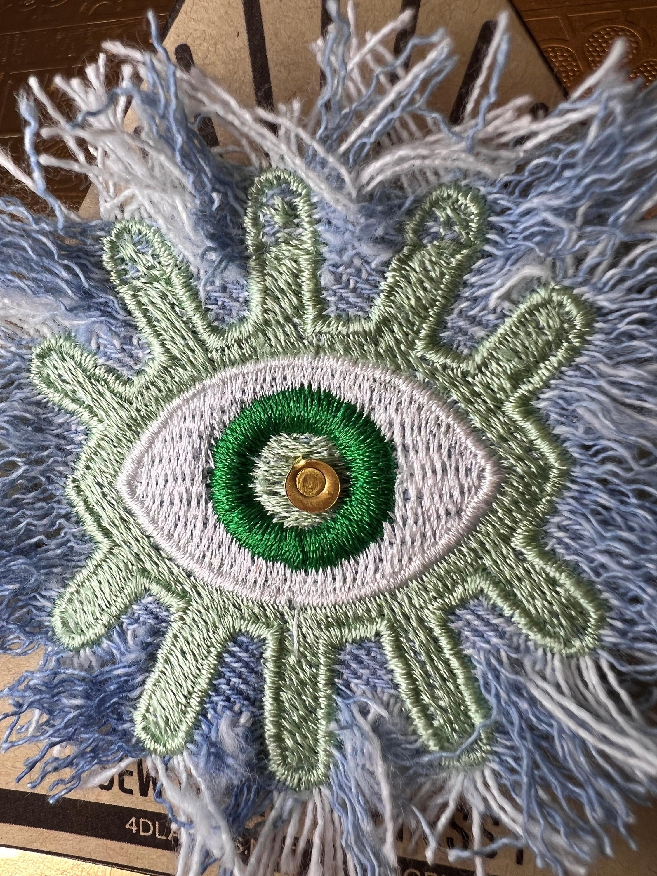 Super Fuzz Shredded Denim GOOD KARMA Green EYE Patch Handmade Embroidery Protective Talisman Decal Bridal Party Bachelorette office gift Brooches & Lapel Pins