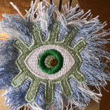 Super Fuzz Shredded Denim GOOD KARMA Green EYE Patch Handmade Embroidery Protective Talisman Decal Bridal Party Bachelorette office gift Brooches & Lapel Pins