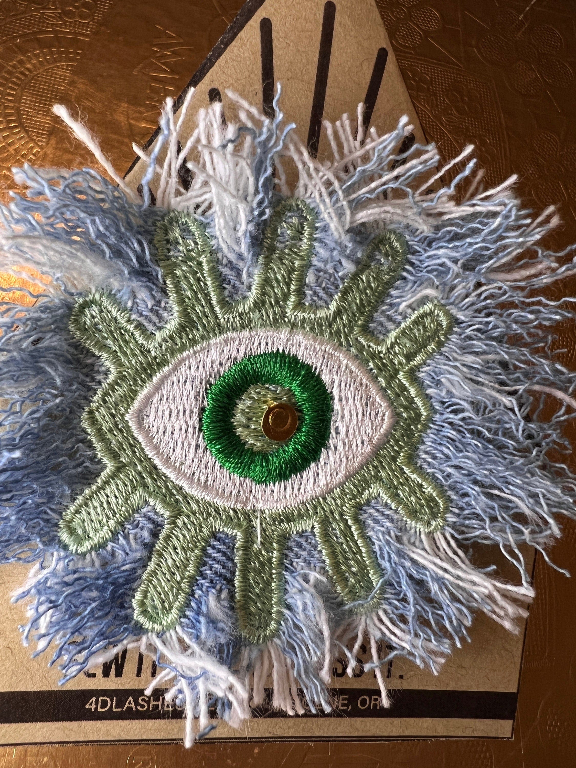 Super Fuzz Shredded Denim GOOD KARMA Green EYE Patch Handmade Embroidery Protective Talisman Decal Bridal Party Bachelorette office gift Brooches & Lapel Pins