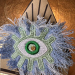 Super Fuzz Shredded Denim GOOD KARMA Green EYE Patch Handmade Embroidery Protective Talisman Decal Bridal Party Bachelorette office gift Brooches & Lapel Pins