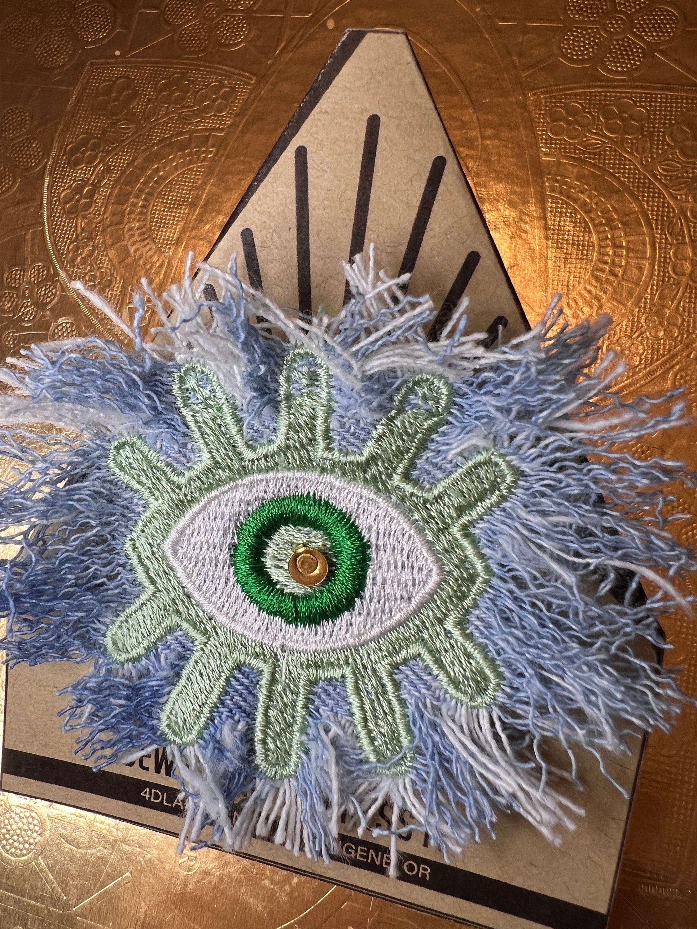 Super Fuzz Shredded Denim GOOD KARMA Green EYE Patch Handmade Embroidery Protective Talisman Decal Bridal Party Bachelorette office gift Brooches & Lapel Pins