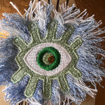 Super Fuzz Shredded Denim GOOD KARMA Green EYE Patch Handmade Embroidery Protective Talisman Decal Bridal Party Bachelorette office gift Brooches & Lapel Pins