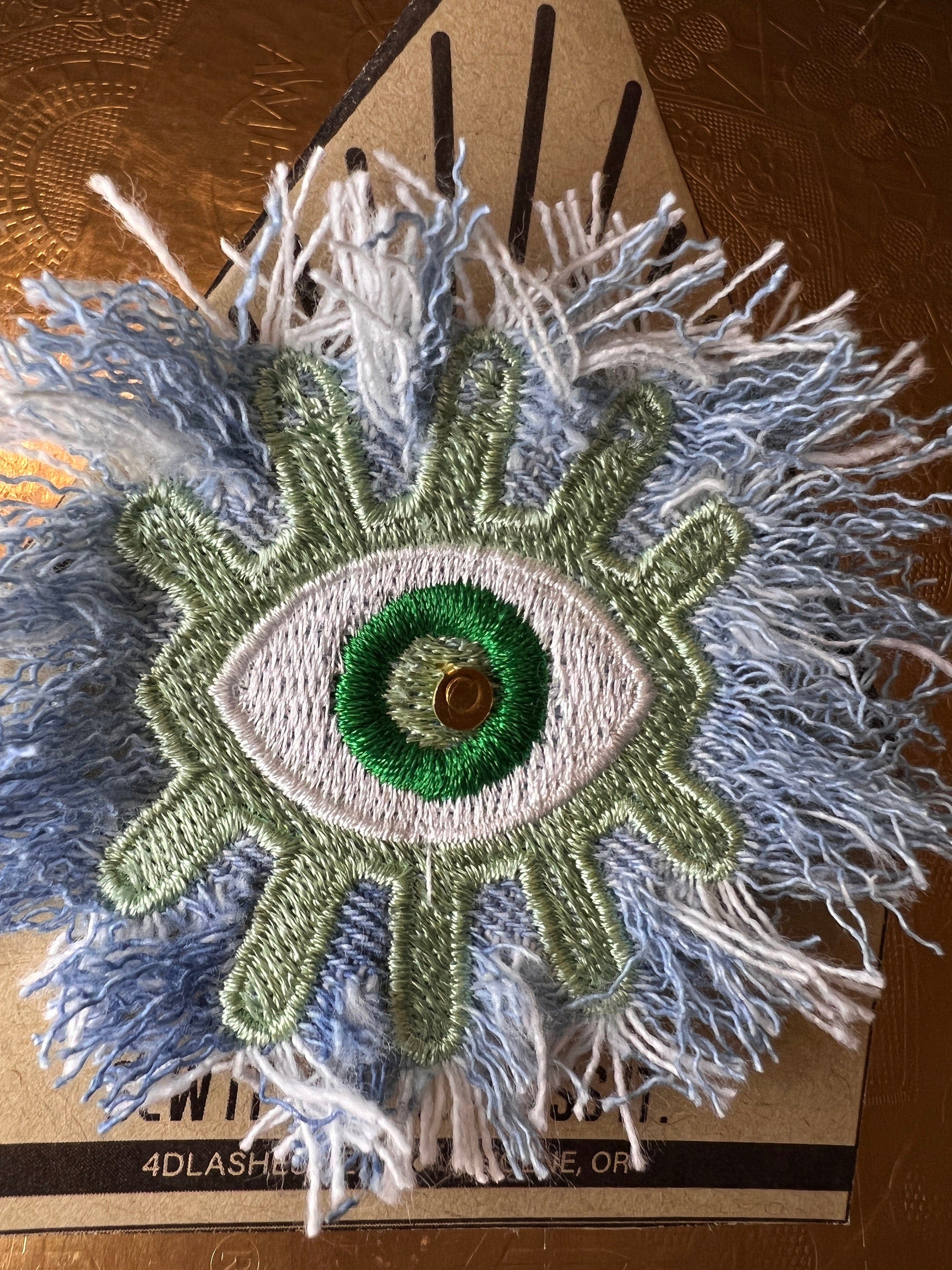 Super Fuzz Shredded Denim GOOD KARMA Green EYE Patch Handmade Embroidery Protective Talisman Decal Bridal Party Bachelorette office gift Brooches & Lapel Pins