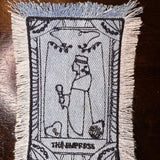 The EMPRESS Tarot SOULE PATCH art bleached Iron On denim patch 4 X 2.5 black embroidered Tarrot Decal Blue Jean Frayed edges handmade Tarot Cards