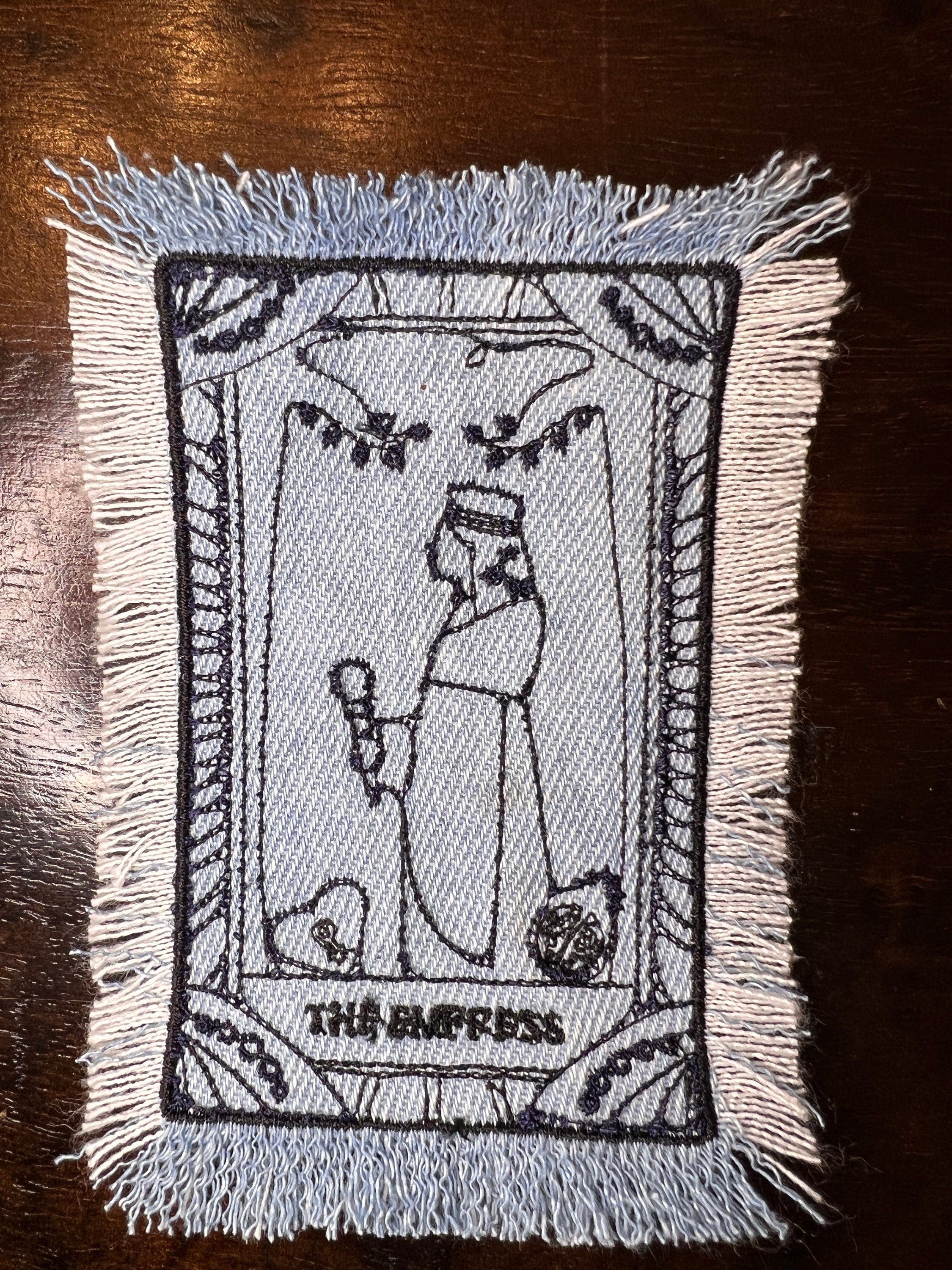 The EMPRESS Tarot SOULE PATCH art bleached Iron On denim patch 4 X 2.5 black embroidered Tarrot Decal Blue Jean Frayed edges handmade Tarot Cards