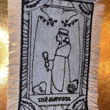 The EMPRESS Tarot SOULE PATCH art bleached Iron On denim patch 4 X 2.5 black embroidered Tarrot Decal Blue Jean Frayed edges handmade Tarot Cards