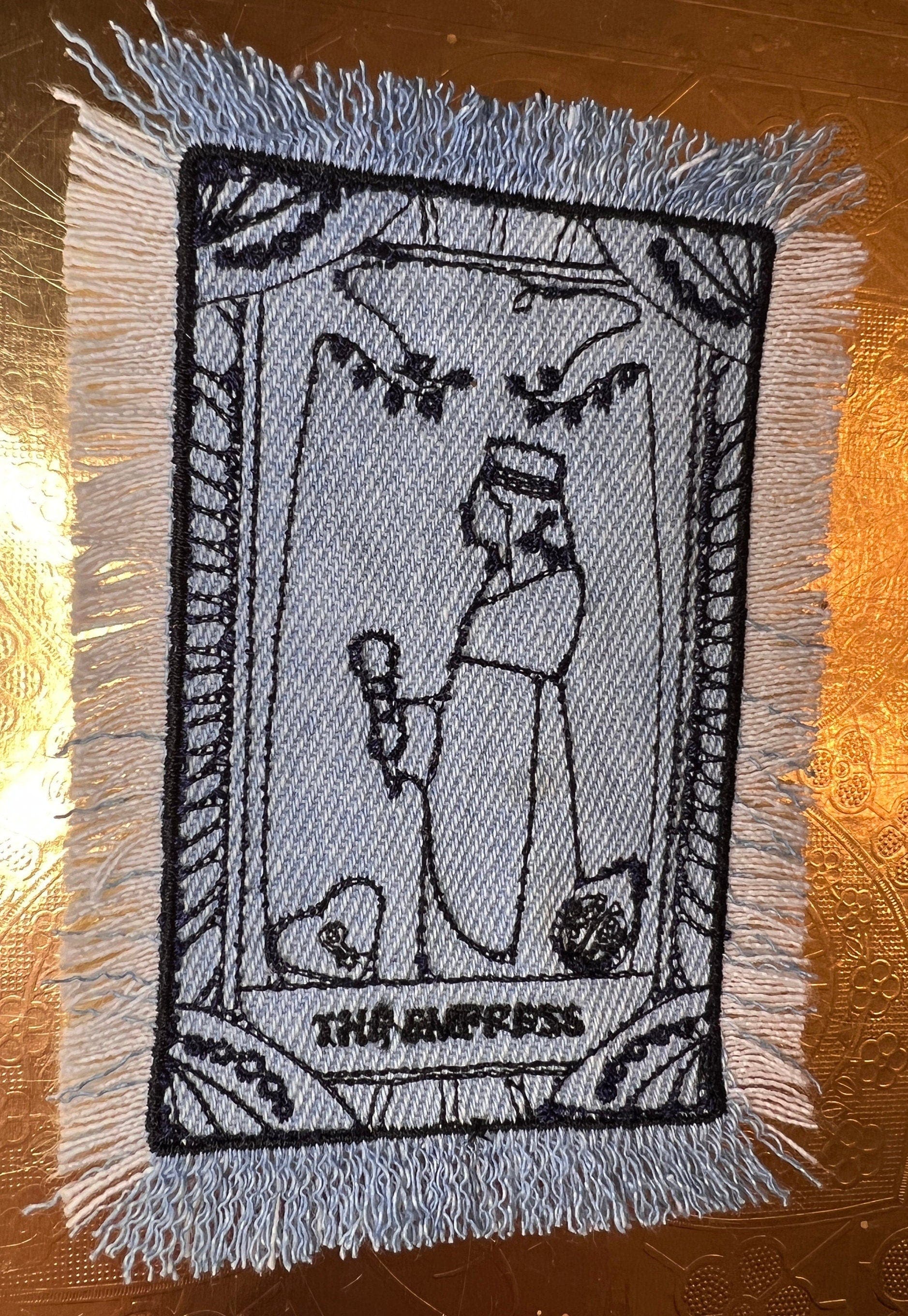 The EMPRESS Tarot SOULE PATCH art bleached Iron On denim patch 4 X 2.5 black embroidered Tarrot Decal Blue Jean Frayed edges handmade Tarot Cards