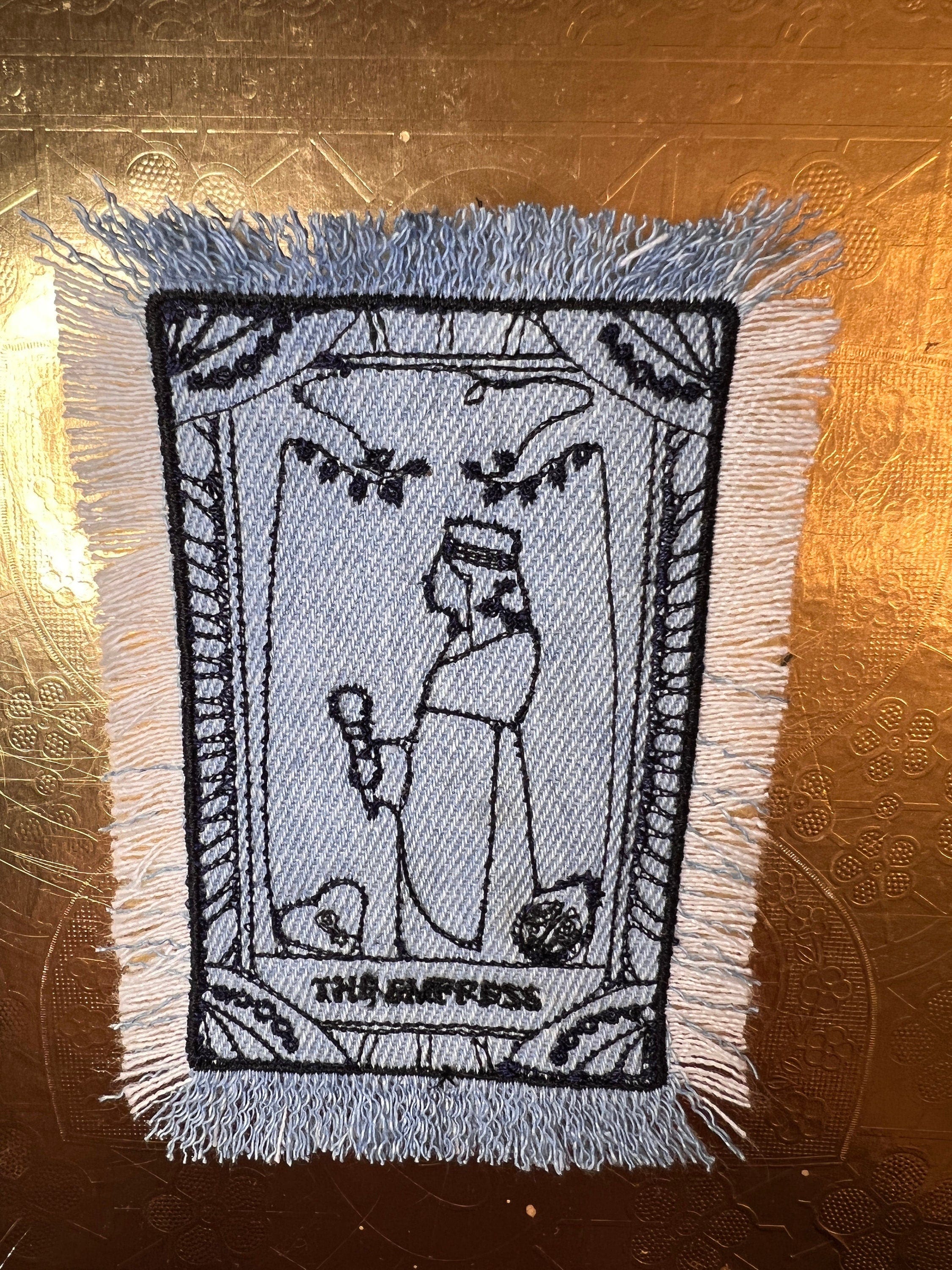 The EMPRESS Tarot SOULE PATCH art bleached Iron On denim patch 4 X 2.5 black embroidered Tarrot Decal Blue Jean Frayed edges handmade Tarot Cards