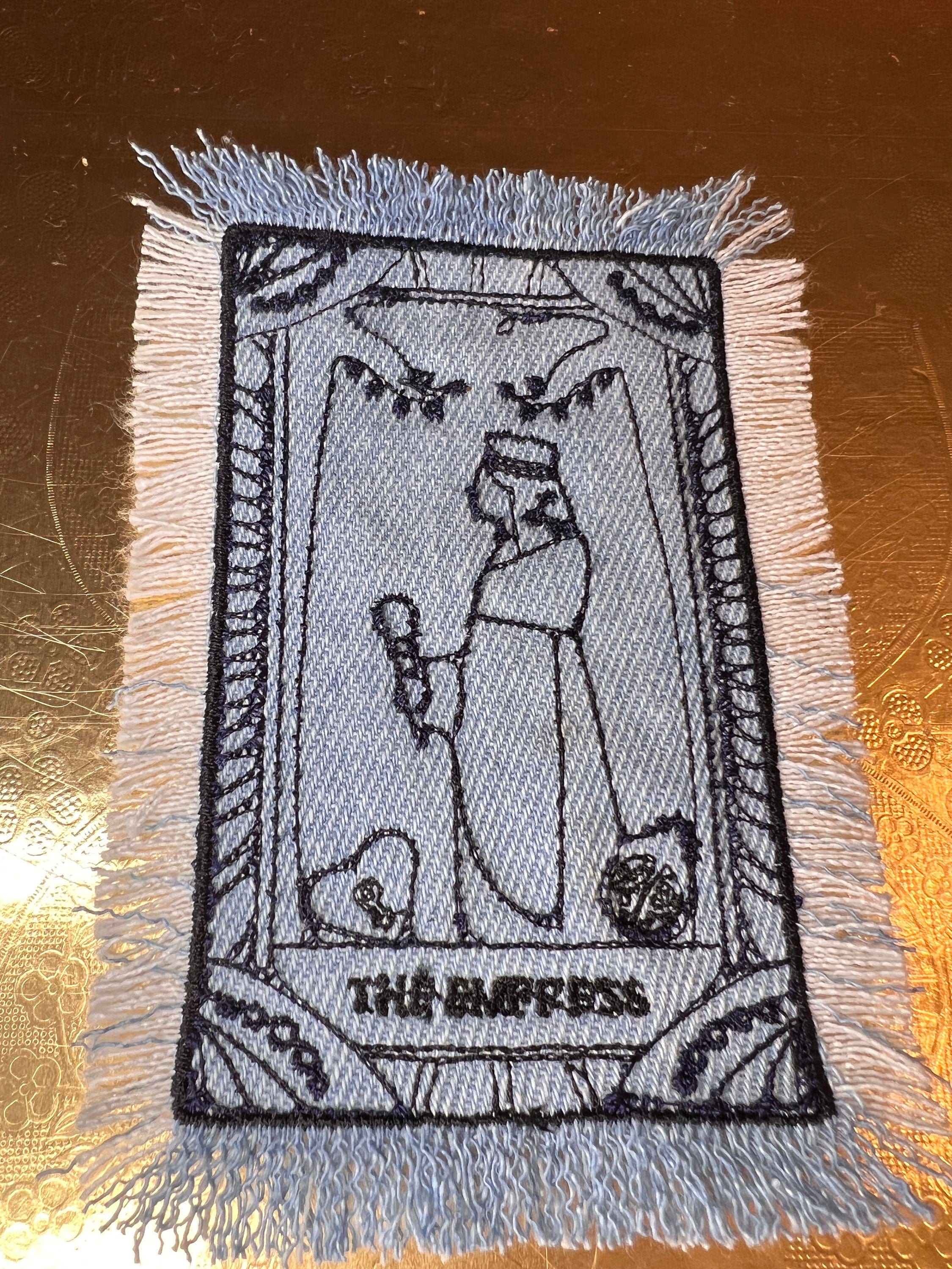 The EMPRESS Tarot SOULE PATCH art bleached Iron On denim patch 4 X 2.5 black embroidered Tarrot Decal Blue Jean Frayed edges handmade Tarot Cards