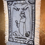 The EMPRESS Tarot SOULE PATCH art bleached Iron On denim patch 4 X 2.5 black embroidered Tarrot Decal Blue Jean Frayed edges handmade Tarot Cards