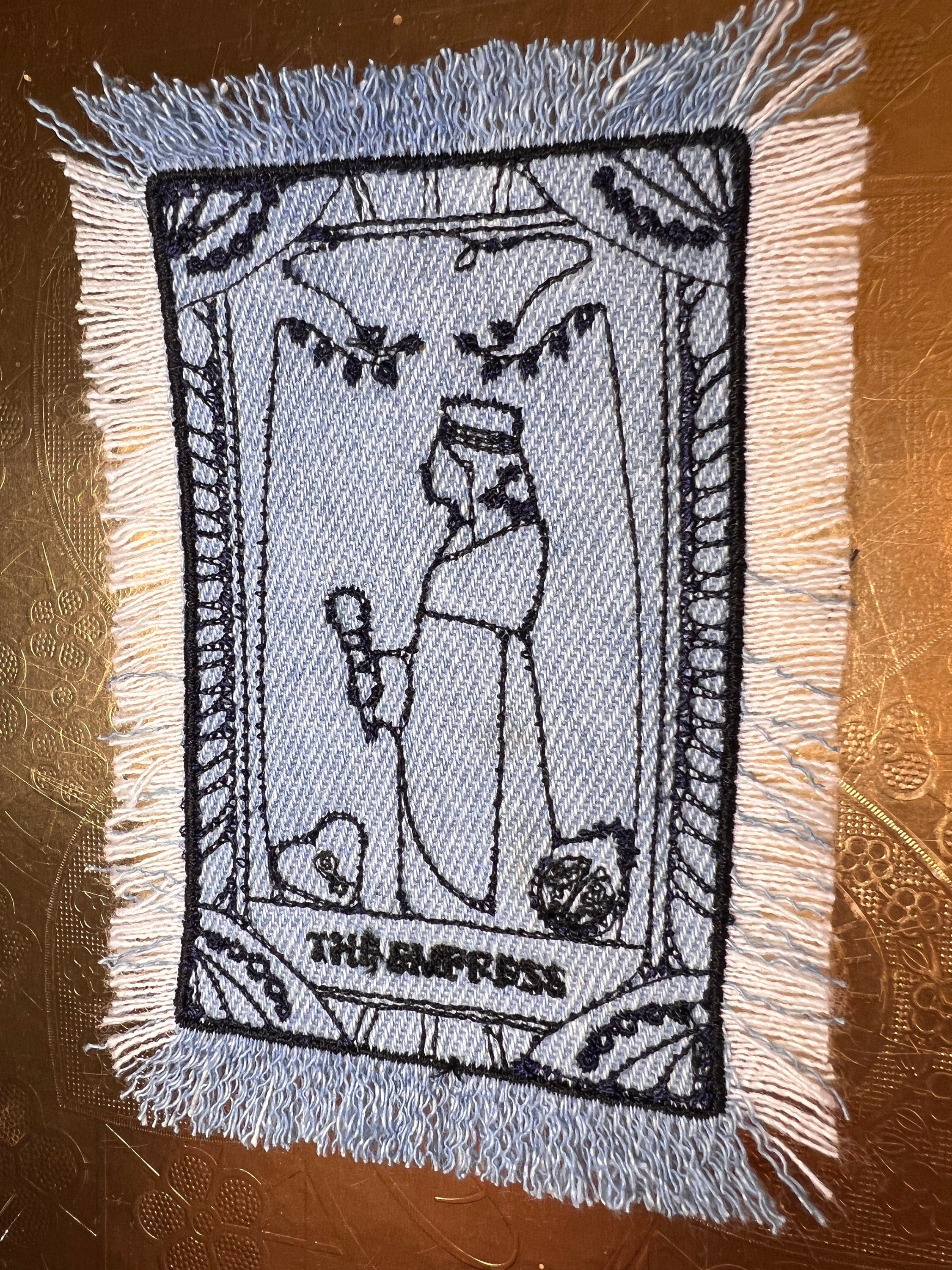 The EMPRESS Tarot SOULE PATCH art bleached Iron On denim patch 4 X 2.5 black embroidered Tarrot Decal Blue Jean Frayed edges handmade Tarot Cards