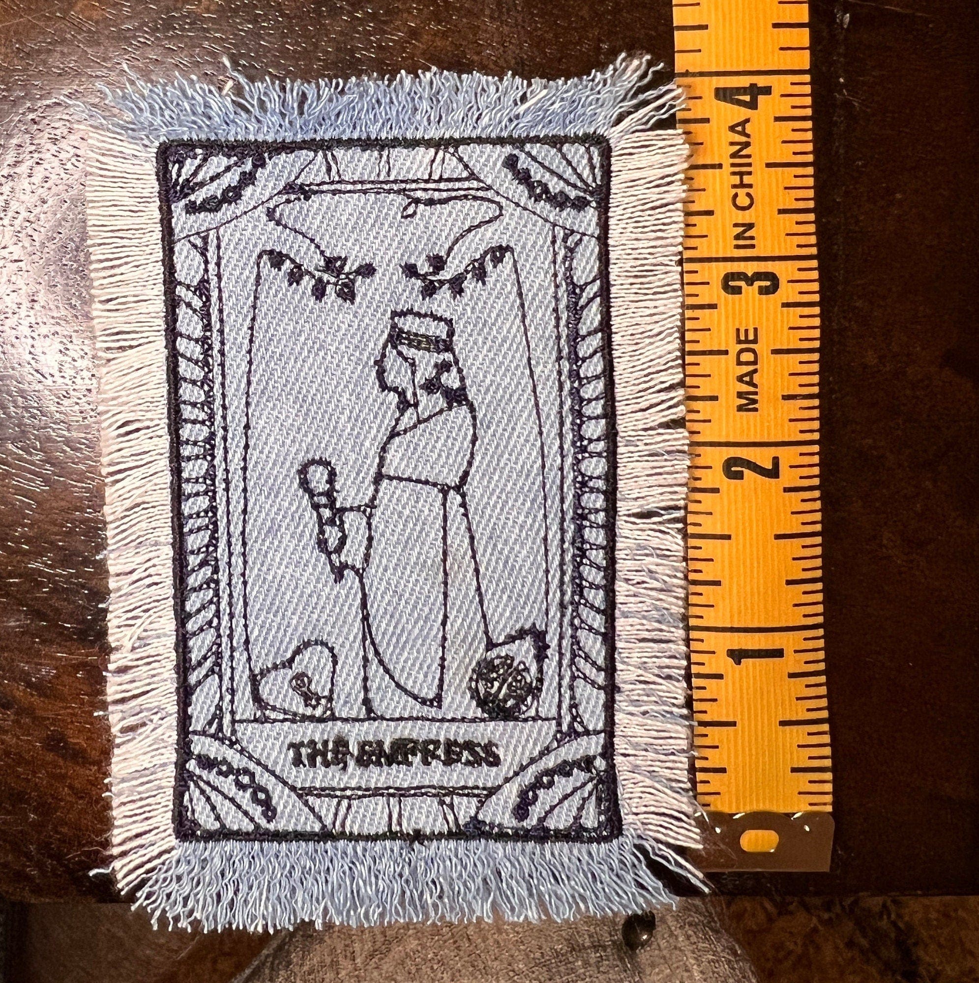 The EMPRESS Tarot SOULE PATCH art bleached Iron On denim patch 4 X 2.5 black embroidered Tarrot Decal Blue Jean Frayed edges handmade Tarot Cards