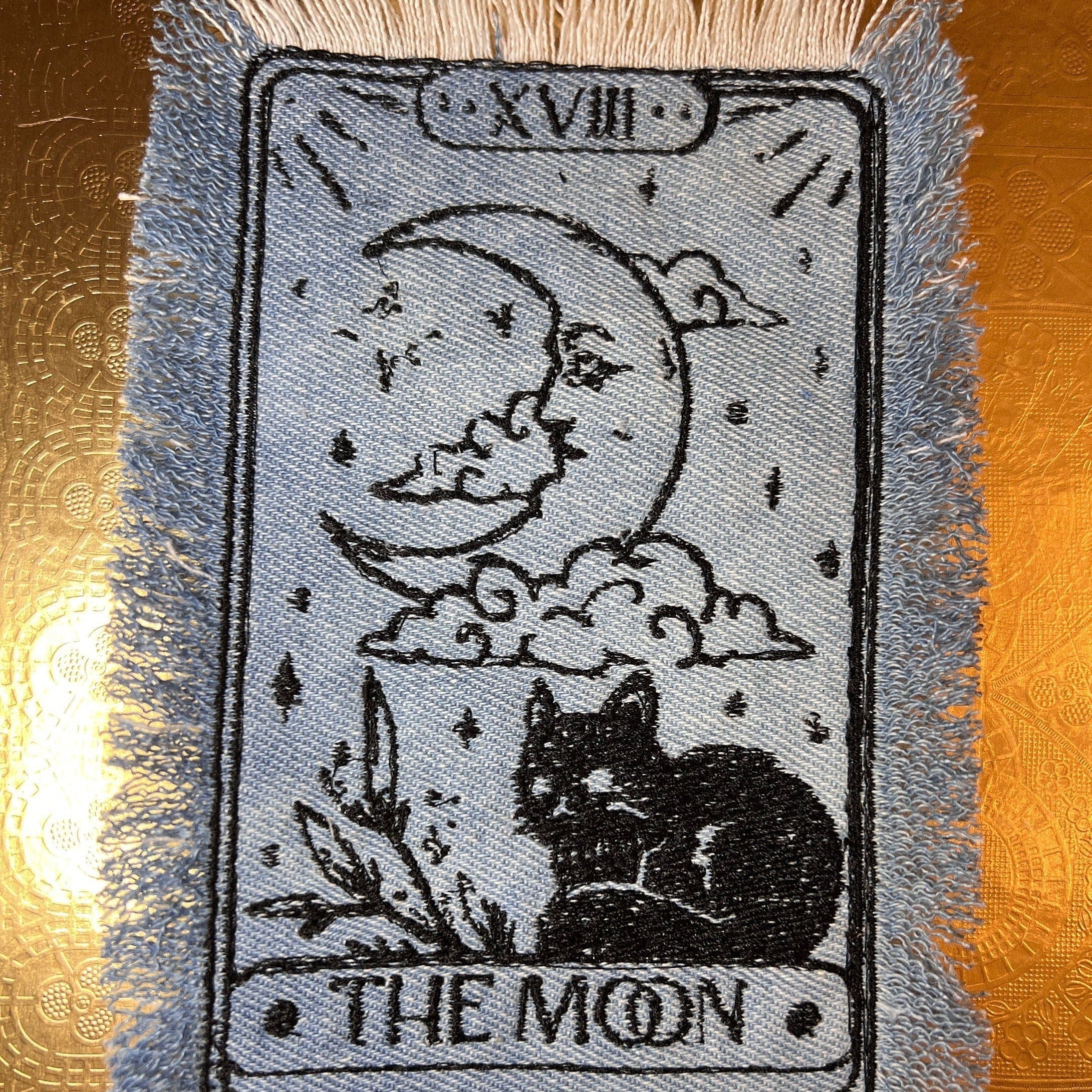 The MOON Tarot SOULE PATCH art bleached Iron On denim patch 6 X 4 black embroidered Cat Tarot Decal Blue Jean Frayed edges handmade Tarot Cards