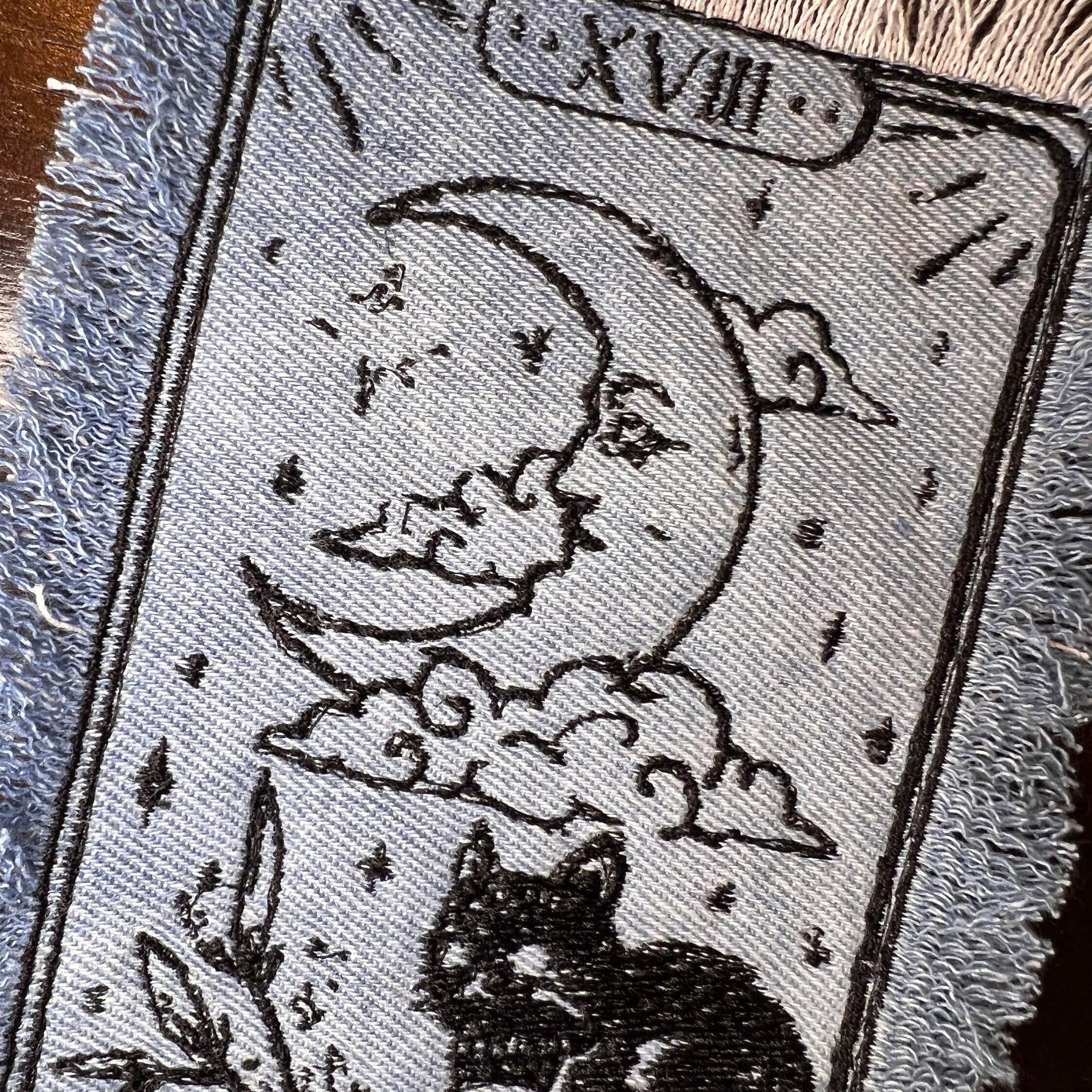 The MOON Tarot SOULE PATCH art bleached Iron On denim patch 6 X 4 black embroidered Cat Tarot Decal Blue Jean Frayed edges handmade Tarot Cards