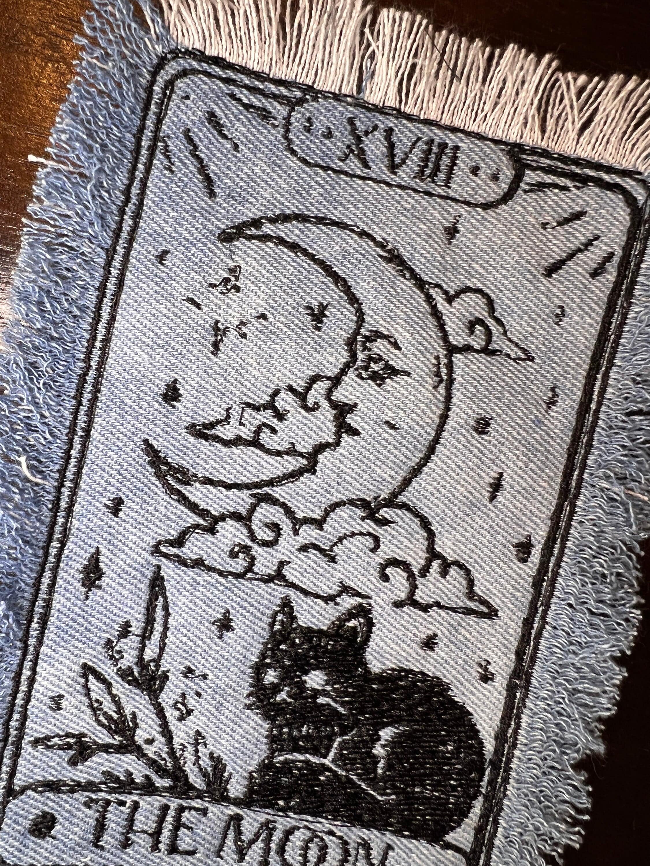The MOON Tarot SOULE PATCH art bleached Iron On denim patch 6 X 4 black embroidered Cat Tarot Decal Blue Jean Frayed edges handmade Tarot Cards