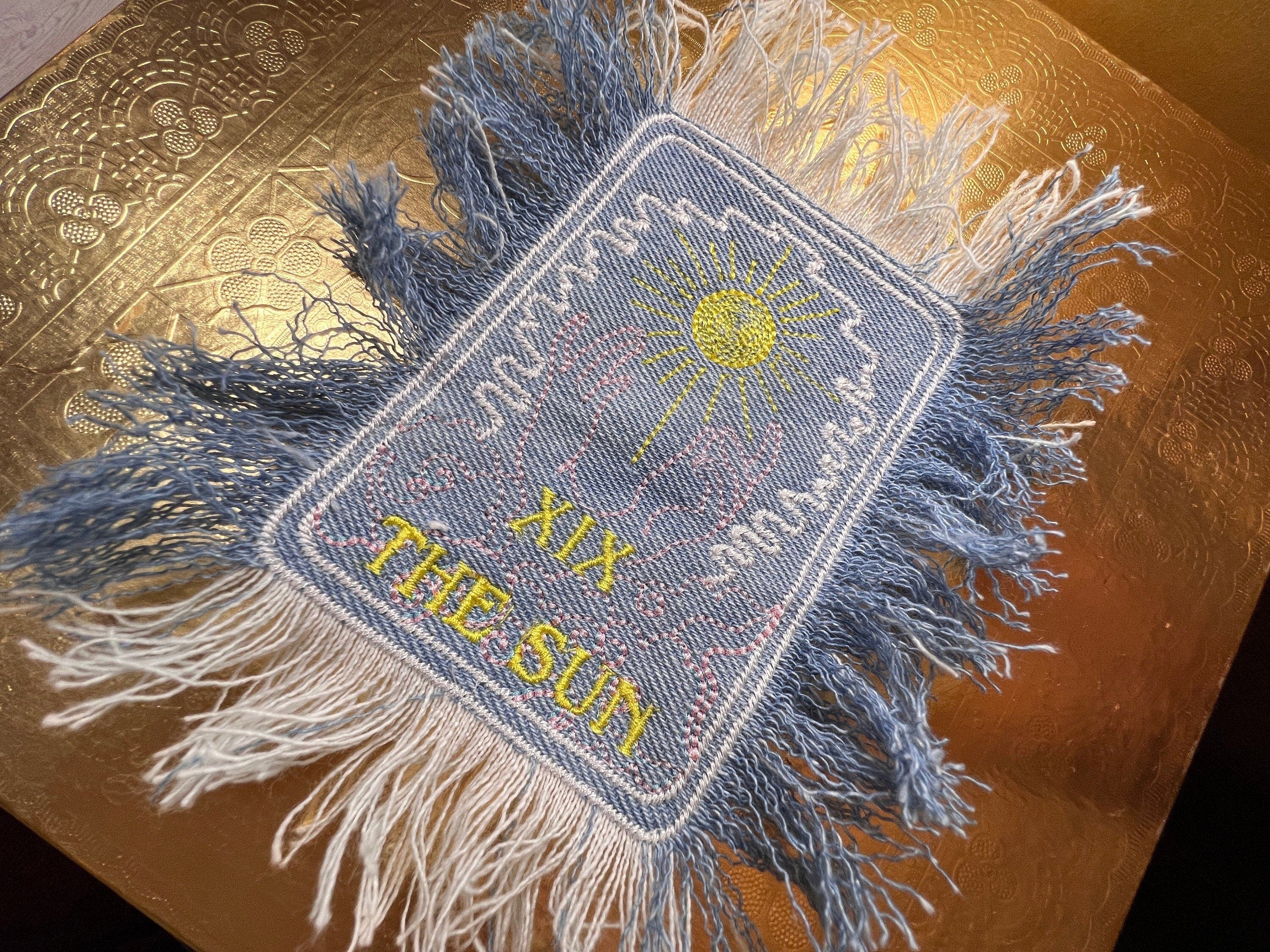 THE SUN TAROT fringed 6 X 4 Bleached Light Denim Patch Sew Iron On Fringe art embroidered Hands Solei Sunshine God Mystic Frayed decal Appliques & Patches
