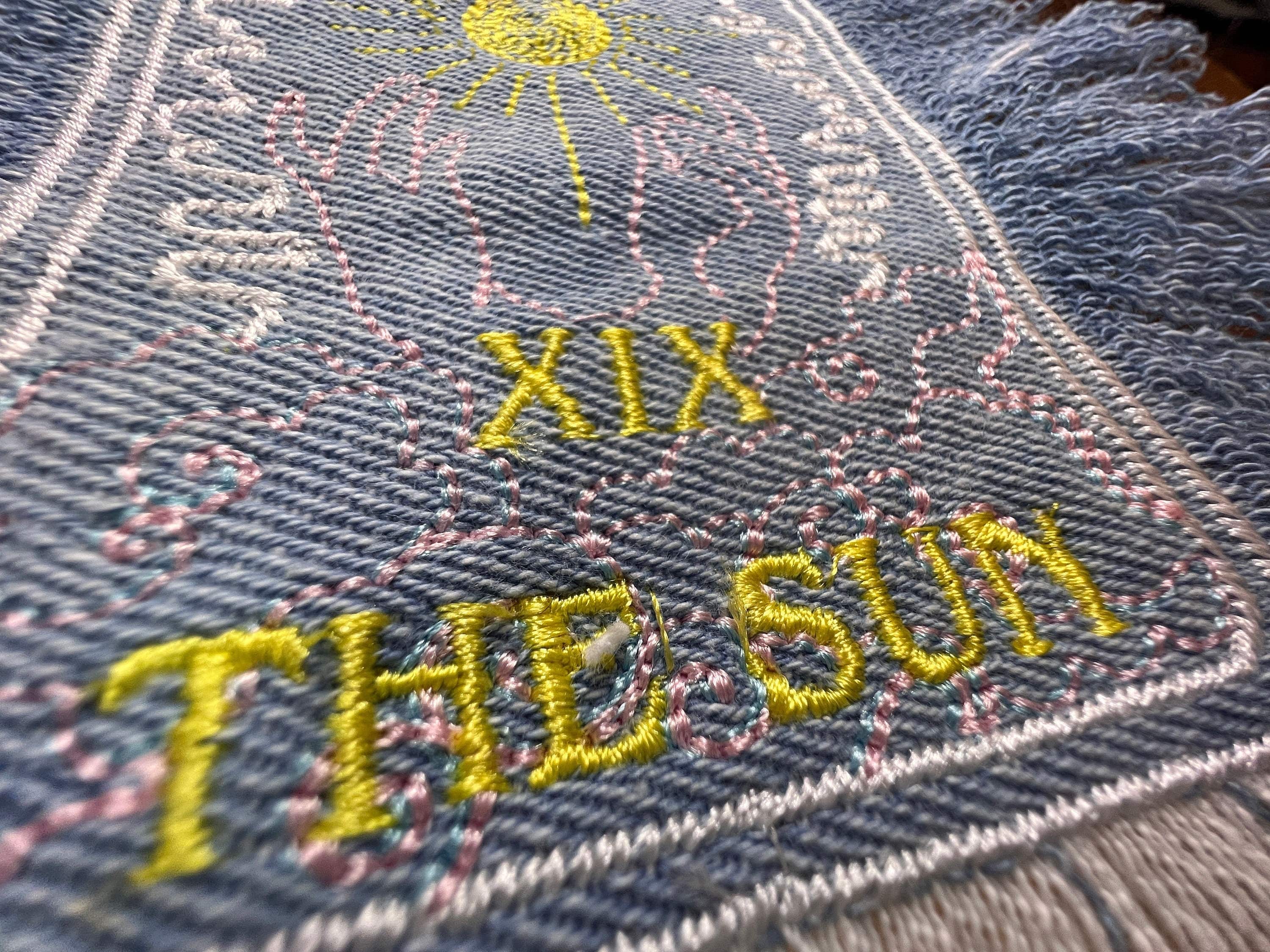 THE SUN TAROT fringed 6 X 4 Bleached Light Denim Patch Sew Iron On Fringe art embroidered Hands Solei Sunshine God Mystic Frayed decal Appliques & Patches