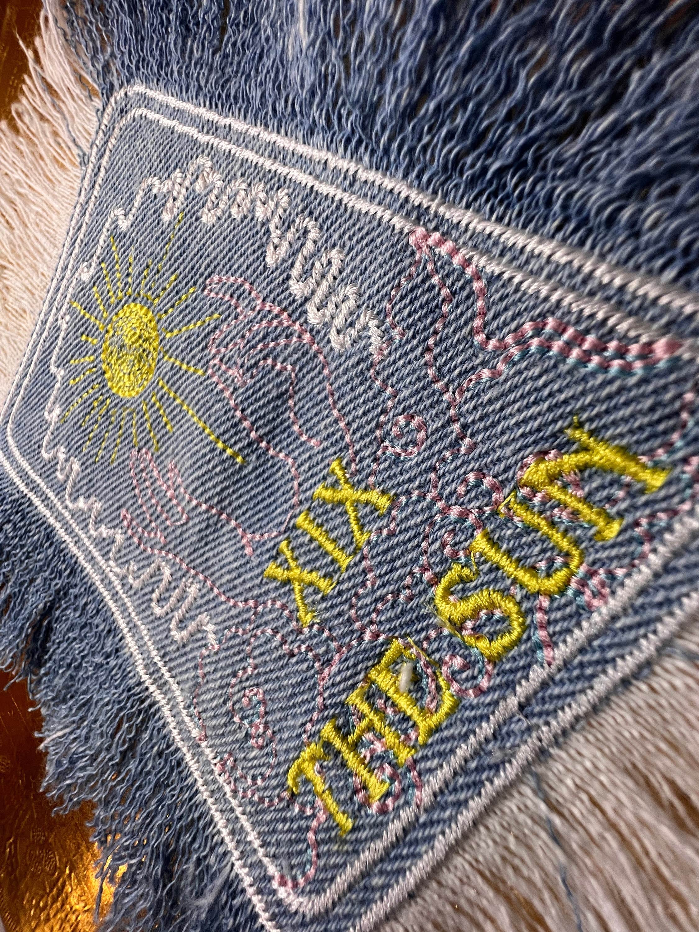 THE SUN TAROT fringed 6 X 4 Bleached Light Denim Patch Sew Iron On Fringe art embroidered Hands Solei Sunshine God Mystic Frayed decal Appliques & Patches
