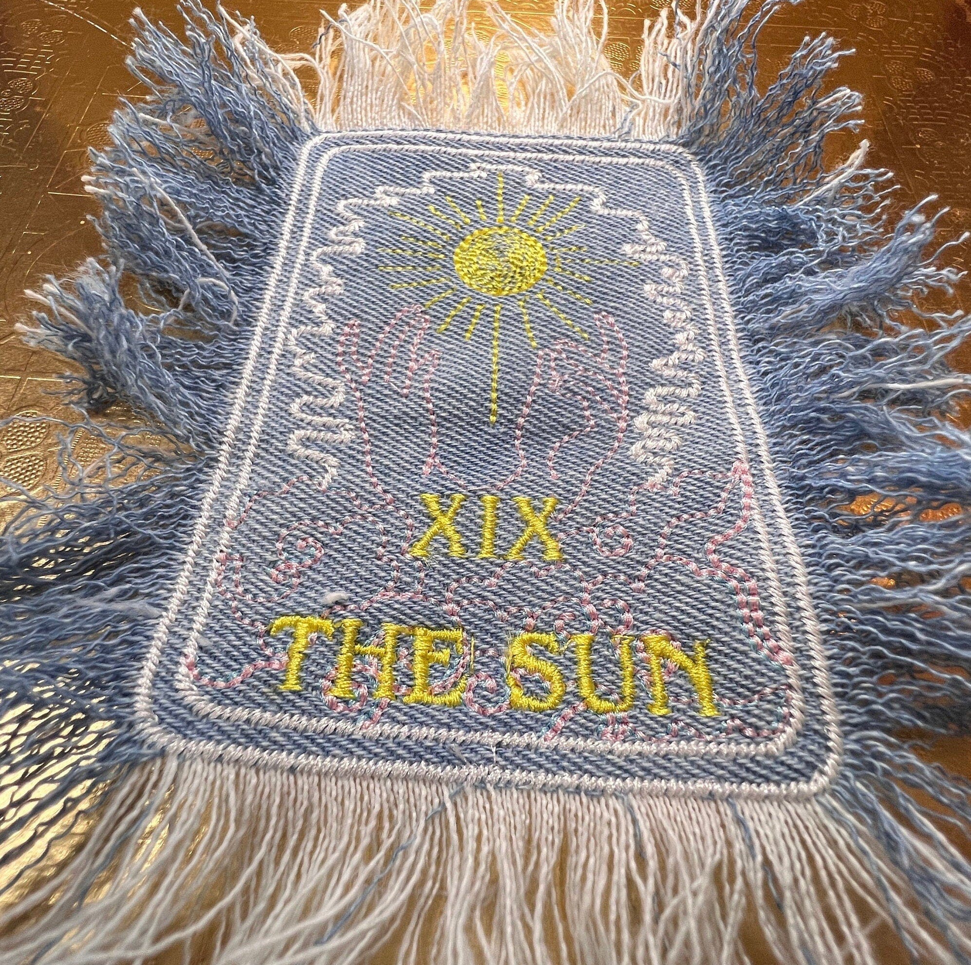 THE SUN TAROT fringed 6 X 4 Bleached Light Denim Patch Sew Iron On Fringe art embroidered Hands Solei Sunshine God Mystic Frayed decal Appliques & Patches
