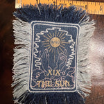 THE SUN TAROT fringed 6 X 4 Patch Sew or Iron On Fringe art Dark Indigo Denim NuAge embroidered Hands Solei Sunshine Frayed fringed decal