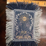 THE SUN TAROT fringed 6 X 4 Patch Sew or Iron On Fringe art Dark Indigo Denim NuAge embroidered Hands Solei Sunshine Frayed fringed decal