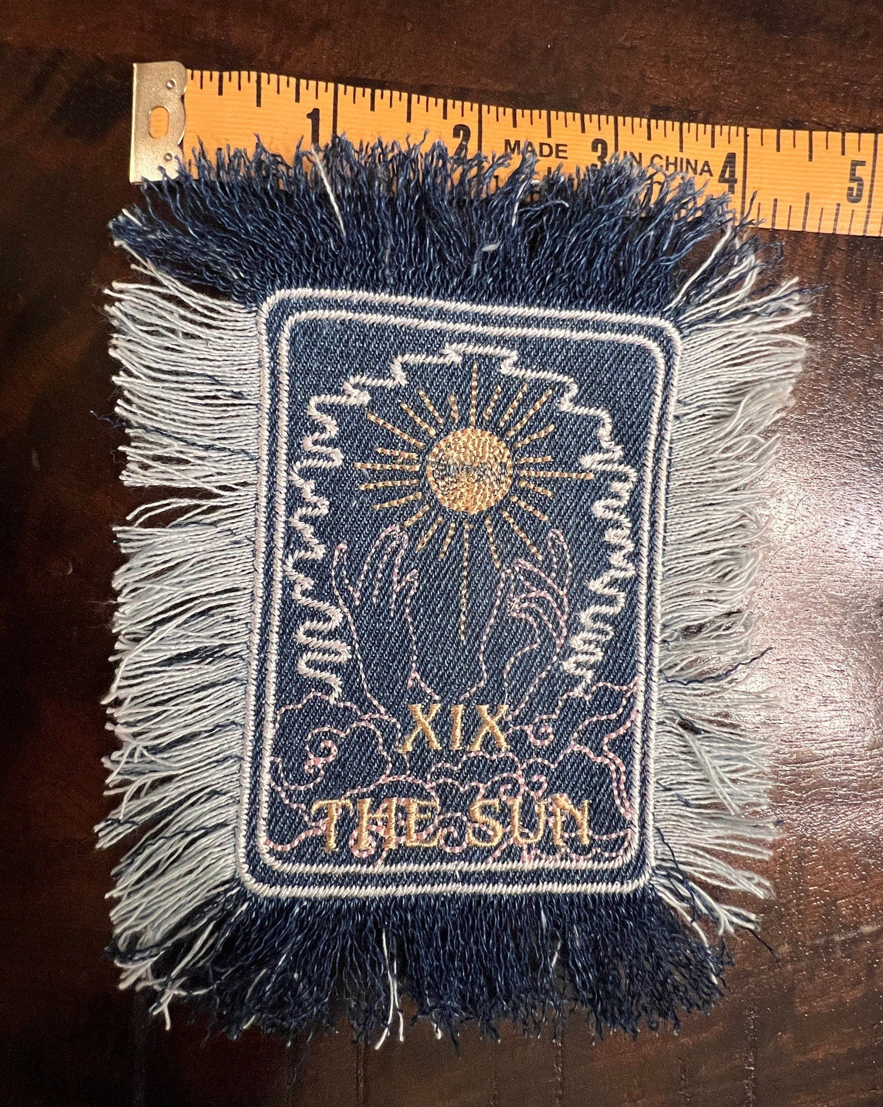 THE SUN TAROT fringed 6 X 4 Patch Sew or Iron On Fringe art Dark Indigo Denim NuAge embroidered Hands Solei Sunshine Frayed fringed decal