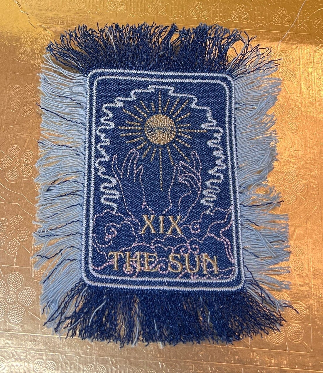 THE SUN TAROT fringed 6 X 4 Patch Sew or Iron On Fringe art Dark Indigo Denim NuAge embroidered Hands Solei Sunshine Frayed fringed decal Tarot Cards