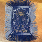 THE SUN TAROT fringed 6 X 4 Patch Sew or Iron On Fringe art Dark Indigo Denim NuAge embroidered Hands Solei Sunshine Frayed fringed decal Tarot Cards