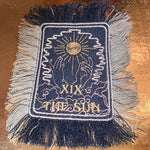 THE SUN TAROT fringed 6 X 4 Patch Sew or Iron On Fringe art Dark Indigo Denim NuAge embroidered Hands Solei Sunshine Frayed fringed decal Tarot Cards
