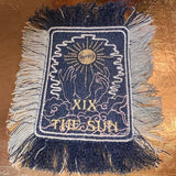 THE SUN TAROT fringed 6 X 4 Patch Sew or Iron On Fringe art Dark Indigo Denim NuAge embroidered Hands Solei Sunshine Frayed fringed decal Tarot Cards