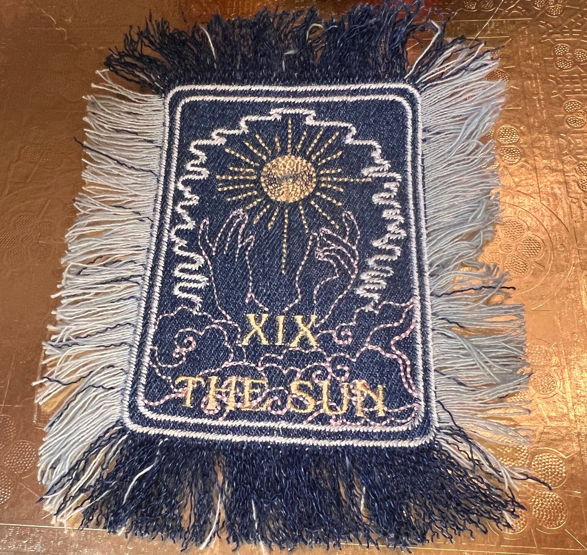 THE SUN TAROT fringed 6 X 4 Patch Sew or Iron On Fringe art Dark Indigo Denim NuAge embroidered Hands Solei Sunshine Frayed fringed decal Tarot Cards
