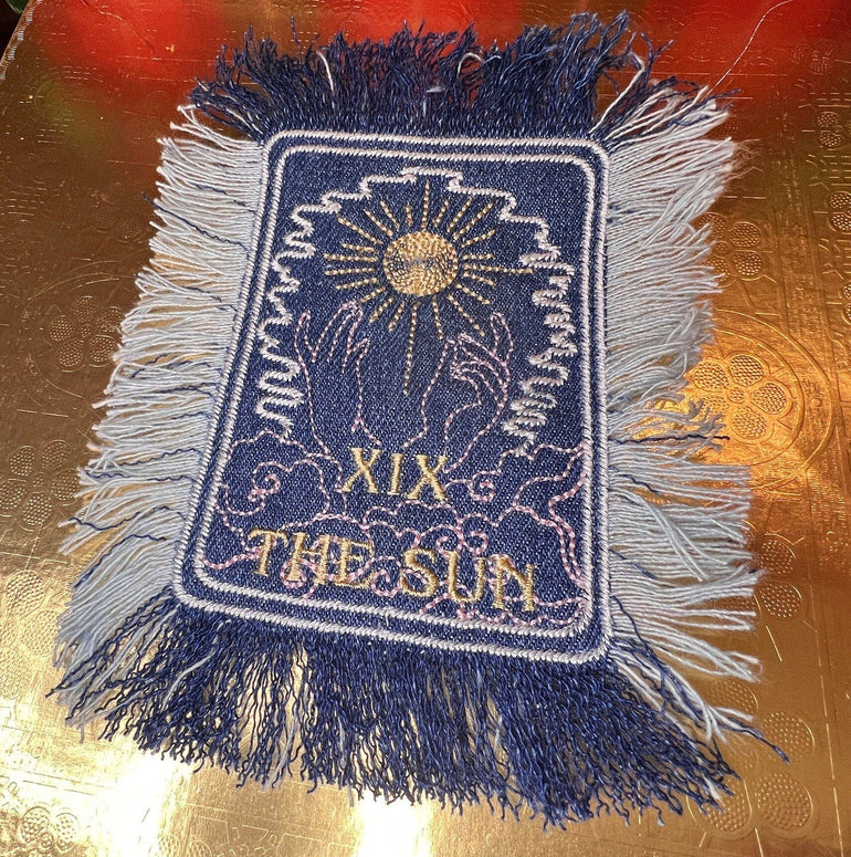 THE SUN TAROT fringed 6 X 4 Patch Sew or Iron On Fringe art Dark Indigo Denim NuAge embroidered Hands Solei Sunshine Frayed fringed decal Tarot Cards