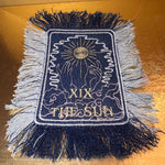 THE SUN TAROT fringed 6 X 4 Patch Sew or Iron On Fringe art Dark Indigo Denim NuAge embroidered Hands Solei Sunshine Frayed fringed decal Tarot Cards