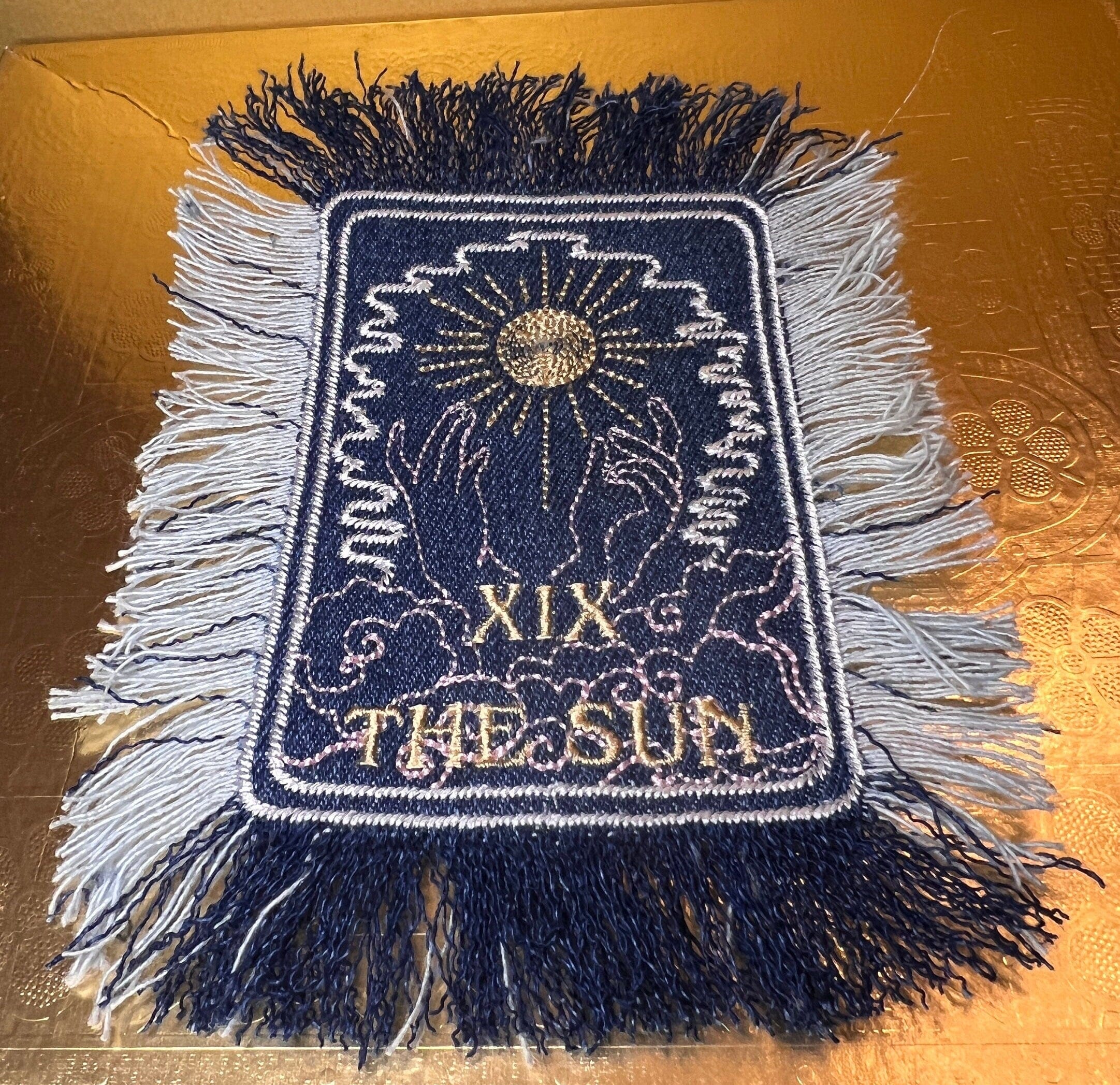 THE SUN TAROT fringed 6 X 4 Patch Sew or Iron On Fringe art Dark Indigo Denim NuAge embroidered Hands Solei Sunshine Frayed fringed decal Tarot Cards