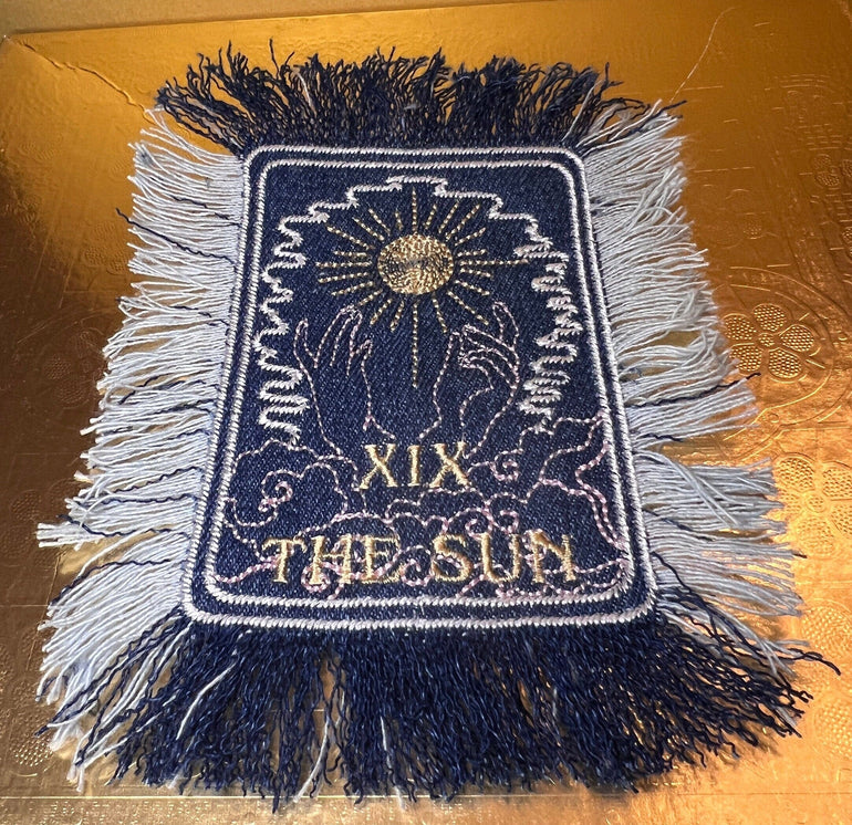 THE SUN TAROT fringed 6 X 4 Patch Sew or Iron On Fringe art Dark Indigo Denim NuAge embroidered Hands Solei Sunshine Frayed fringed decal Tarot Cards