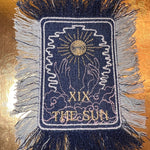 THE SUN TAROT fringed 6 X 4 Patch Sew or Iron On Fringe art Dark Indigo Denim NuAge embroidered Hands Solei Sunshine Frayed fringed decal Tarot Cards