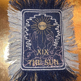 THE SUN TAROT fringed 6 X 4 Patch Sew or Iron On Fringe art Dark Indigo Denim NuAge embroidered Hands Solei Sunshine Frayed fringed decal Tarot Cards