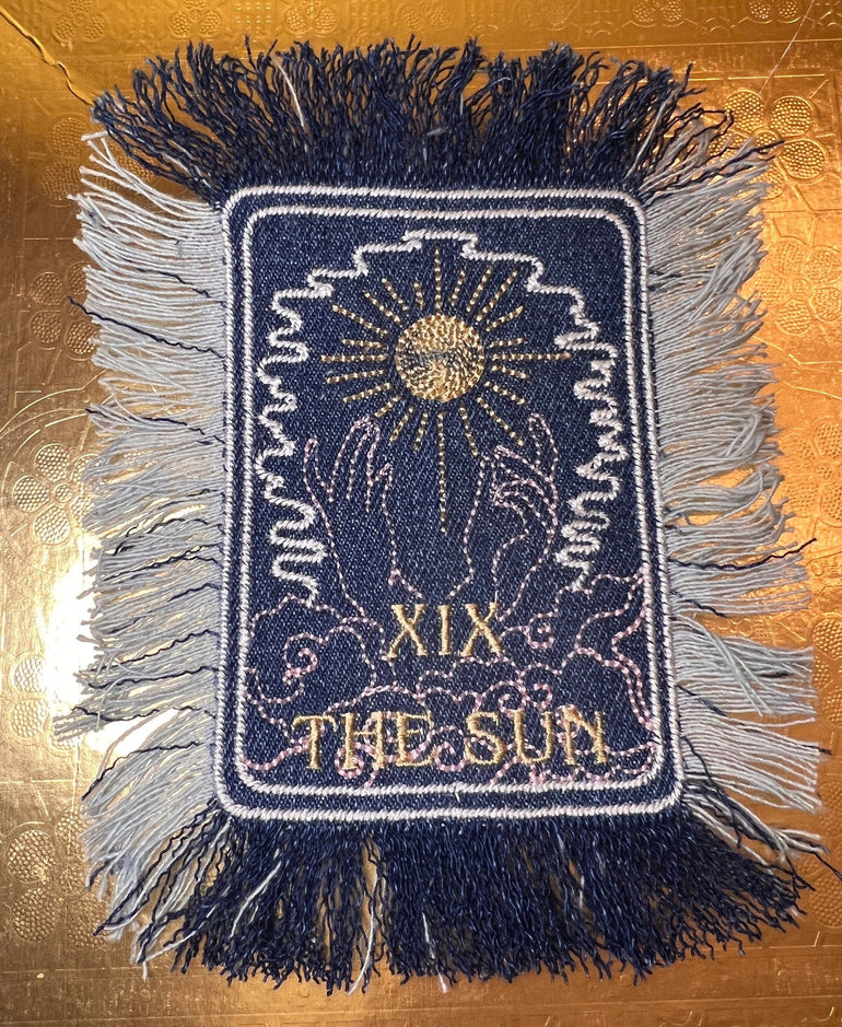 THE SUN TAROT fringed 6 X 4 Patch Sew or Iron On Fringe art Dark Indigo Denim NuAge embroidered Hands Solei Sunshine Frayed fringed decal Tarot Cards