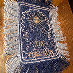 THE SUN TAROT fringed 6 X 4 Patch Sew or Iron On Fringe art Dark Indigo Denim NuAge embroidered Hands Solei Sunshine Frayed fringed decal Tarot Cards