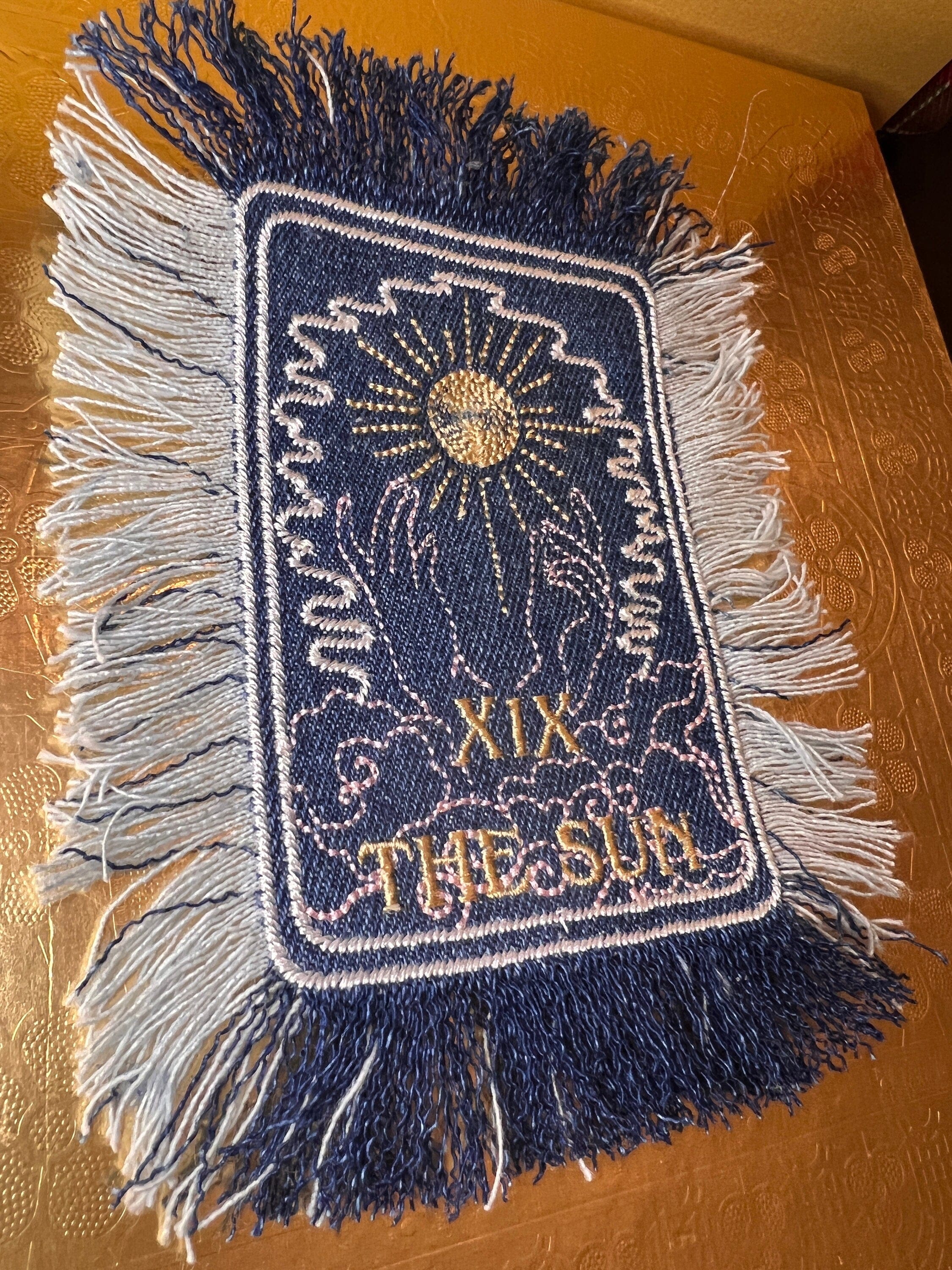 THE SUN TAROT fringed 6 X 4 Patch Sew or Iron On Fringe art Dark Indigo Denim NuAge embroidered Hands Solei Sunshine Frayed fringed decal Tarot Cards